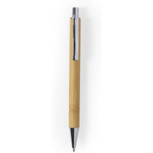A wooden pen with a bamboo barrel and chrome detailing, featuring a logo on the side.