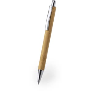 A wooden pen with a bamboo body and chrome accents, featuring a sleek design.