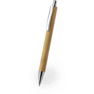 A bamboo pen with a silver clip and tip, featuring a simple, elegant design. It has a logo on the barrel.