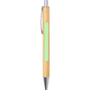 A wooden pen with a natural bamboo finish and silver accents, featuring a blank area for branding.