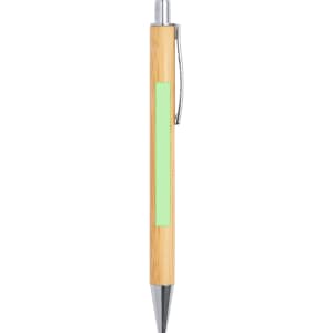 A wooden pen with a bamboo body, silver accents, and a green patch for custom branding.