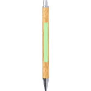 A wooden pen with a light wooden finish and a chrome tip, featuring a blank green section for customisation.