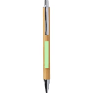 A wooden pen with a bamboo barrel, silver accents, and a green section for branding or personalisation.