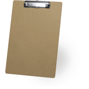 A clipboard in a natural brown colour with a metal clip at the top.