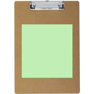 A brown clipboard with a silver clip and a light green paper insert.