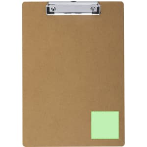 A brown clipboard with a metal clip and a green sticky note attached in the bottom right corner.
