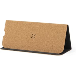 A wireless charger mousepad in a beige cork finish with a sleek black base and a subtle logo.