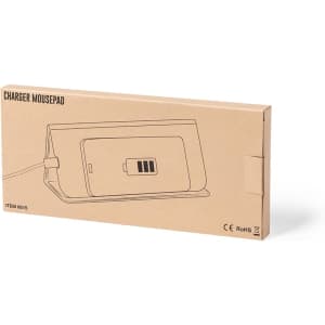 A wireless charger mousepad in a brown cardboard packaging, featuring a simple design and a logo.