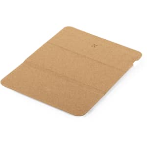 A wireless charger mousepad in a tan colour, featuring a smooth surface and rounded edges, with a logo.