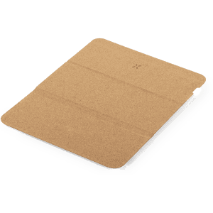 A wireless charger mousepad in a cork texture with a white base, featuring a logo on the surface.