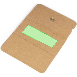 A wireless charger mousepad in a natural brown colour, featuring a central green charging area and a logo.