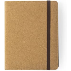 A brown notepad with a textured cover and an elastic band, featuring a logo on the front.