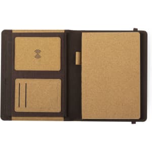 A brown Toskan Charger Notepad with wireless charging pad, featuring slots for cards and a blank notepad.