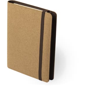 A tan notepad with a brown elastic band, featuring a textured cover and a sleek design.
