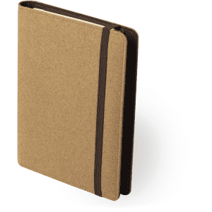 A tan notepad with a kraft cover and a brown elastic band, featuring a logo on the front.
