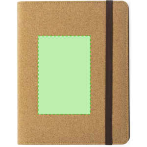 A brown notepad with a cork texture and a green accent area, secured with a dark brown elastic band.