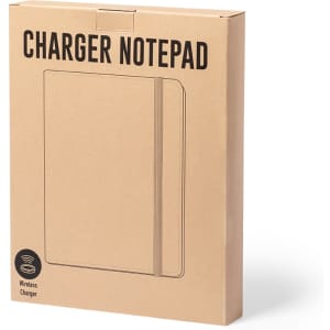 A wireless charger notepad in a brown cardboard packaging, featuring a simple design and an elastic band closure.