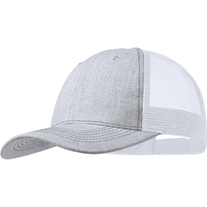 A grey and white cap with a mesh back and a logo on the front.