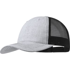A grey cap with a black mesh back and a curved brim, featuring a logo on the front.