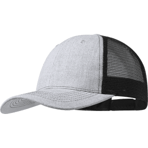 A grey and black cap with a mesh back and a curved brim, featuring a logo on the front.