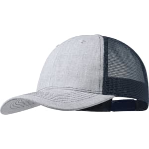 A grey cap with a mesh back, featuring a branded logo on the side and a curved brim.