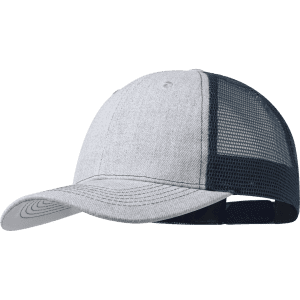 A grey and navy cap with a mesh back and a logo. Suitable for casual wear.