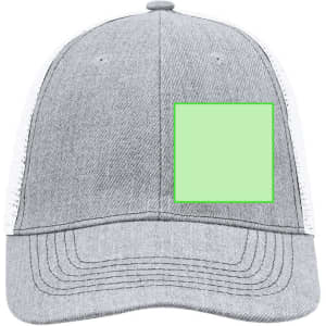 A grey cap with a mesh back featuring a blank green square for custom branding.