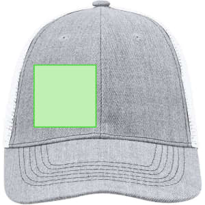 A grey cap with a mesh back and a square area for branding. Features a rounded peak.