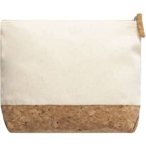 A toiletry bag in cream canvas with a cork base, featuring a zip closure and a simple logo.