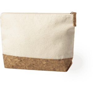 A toiletry bag in natural canvas with a cork base, featuring a zip closure and a simple design.