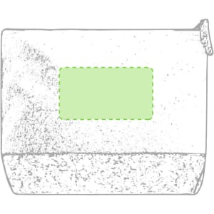 A toiletry bag in a light colour with a textured base and a green rectangular area, featuring a logo.