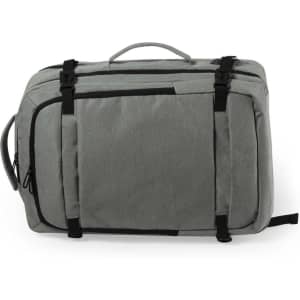 A grey document bag backpack with adjustable straps and a top handle, featuring multiple zippers and pockets.