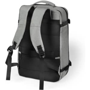 A grey and black backpack with adjustable straps and a top handle, showcasing a sleek design and structured shape.