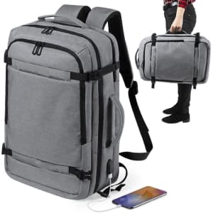 A grey backpack with multiple compartments, featuring handles for carrying and a USB charging port.