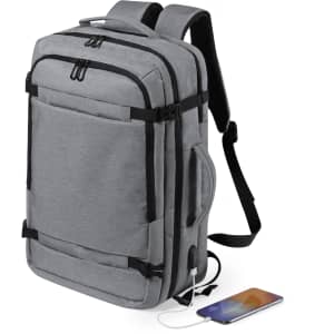 A grey document bag backpack with multiple compartments and a USB charging port beside a smartphone.