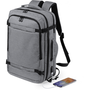 A grey backpack with multiple compartments, featuring a side pocket for a device and an integrated charging cable.