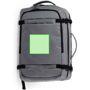 A grey document bag backpack with black straps and a blank square patch on the front.