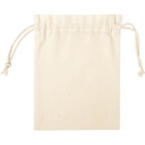 A natural canvas drawstring bag in cream, featuring a simple design and cord closure. It has a branding logo.