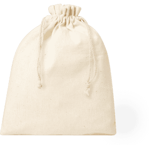 A cream drawstring bag with a cinched top, featuring a simple design and a brand logo.