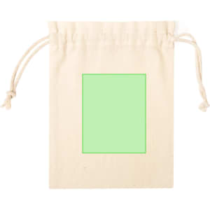 A cream-coloured drawstring bag with a blank green square in the centre. It features a simple logo.