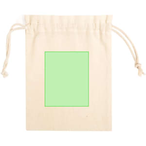 A natural-coloured drawstring bag with a green blank square in the centre and twine closures. It has a logo.