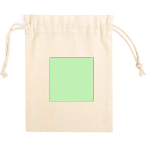 A cream-coloured drawstring bag made from fabric, featuring a square area for branding or decoration.