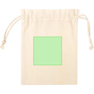 A cream-coloured drawstring bag with a square area in green and a simple cord closure. Features a logo.