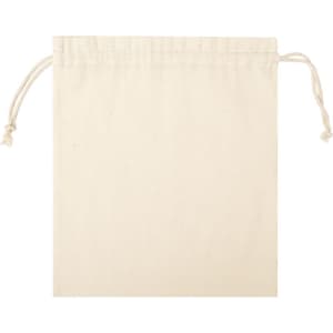 A cream drawstring bag made of fabric, featuring a drawstring closure and a simple design.