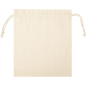 A plain beige drawstring bag with two cords for closure. It has a simple design and no visible branding.
