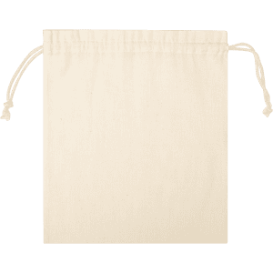 A natural-coloured drawstring bag featuring a simple design and a logo. Ideal for various storage needs.