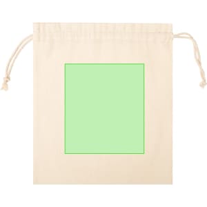 A light cream drawstring bag with a square green design on the front and contrasting drawstrings.