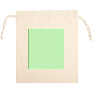 A light beige drawstring bag with a square green design and cord closures. Features branding logo.