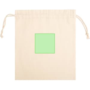 A natural-coloured drawstring bag featuring a small green square and an attached drawstring closure.