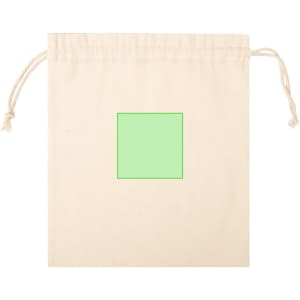A drawstring bag in cream colour with a square green panel and a logo at the centre.